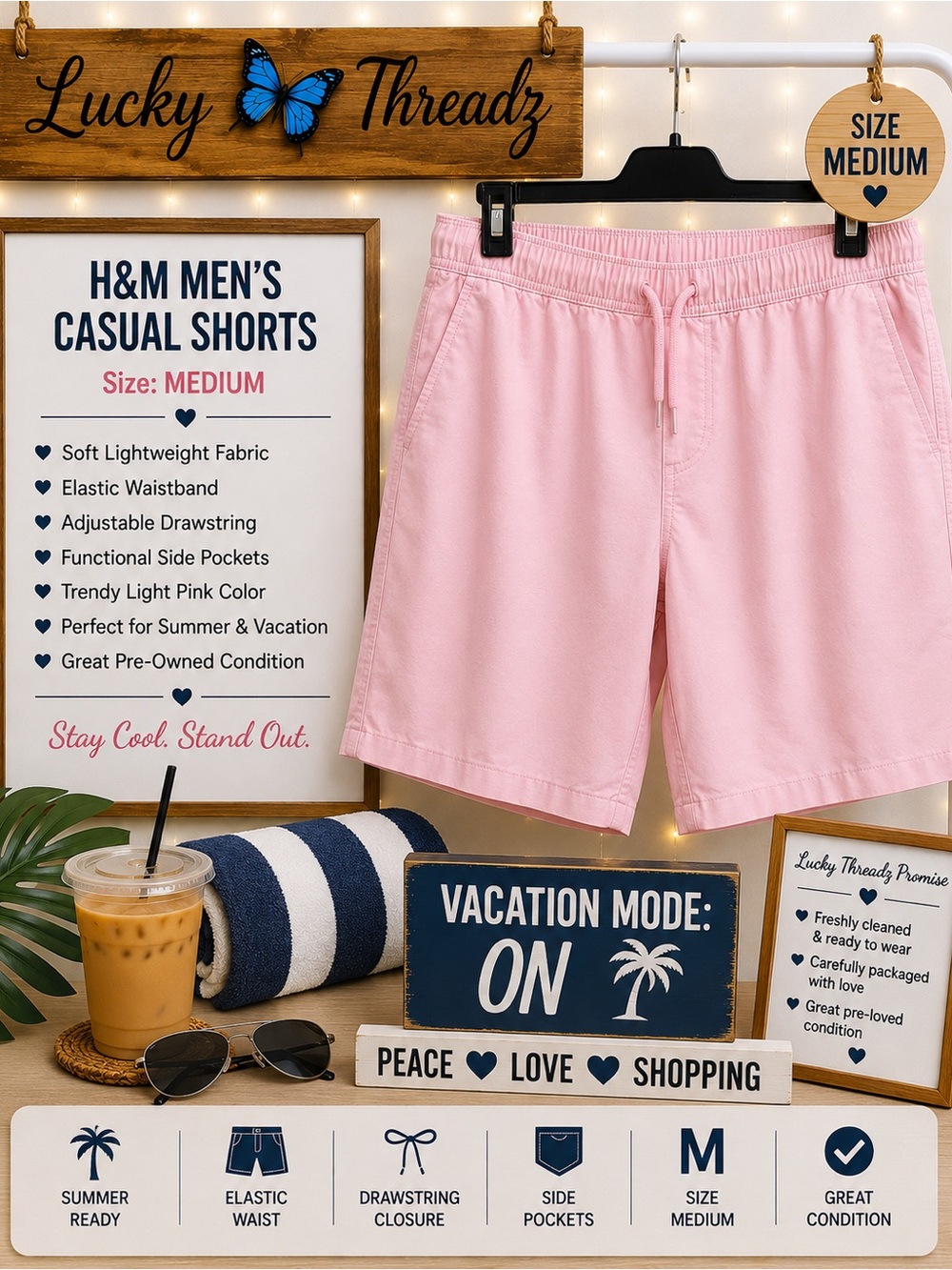 H&M Light Pink Men's Drawstring Casual Shorts